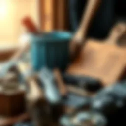 Wood painting tools and materials arranged neatly