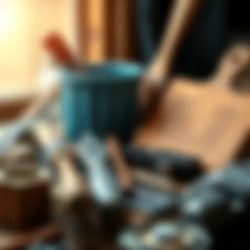 Wood painting tools and materials arranged neatly
