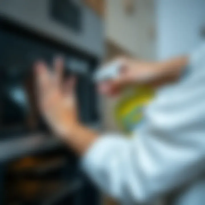 A person applying cleaning solution to an oven