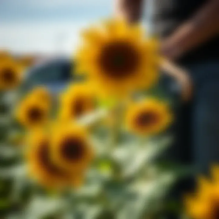Harvesting sunflowers with tools on a bright sunny day