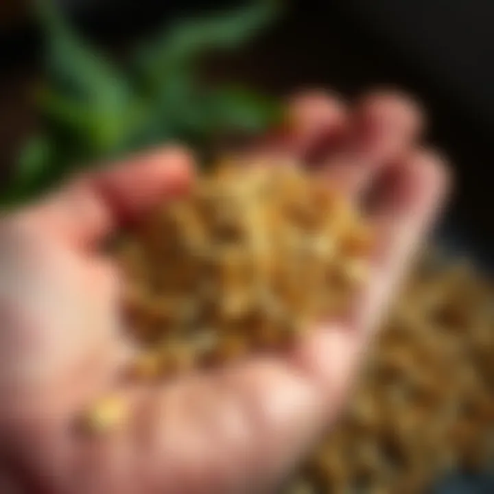 Close-up of sunflower seeds in a hand, showcasing their texture