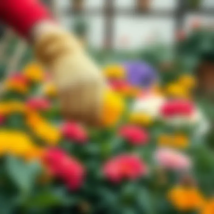 Close-up of a gardener tending to colorful blooms