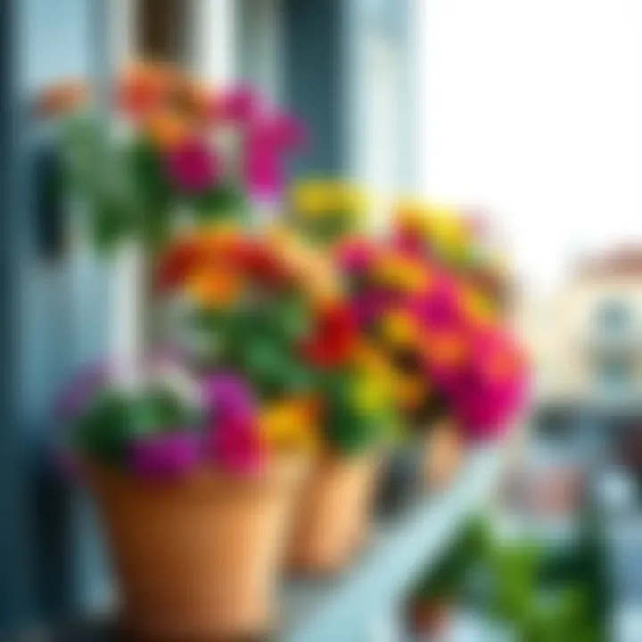 Colorful flower arrangements in balcony pots