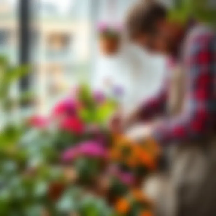 Careful Planting of Balcony Flowers Gardener planting flowers in containers
