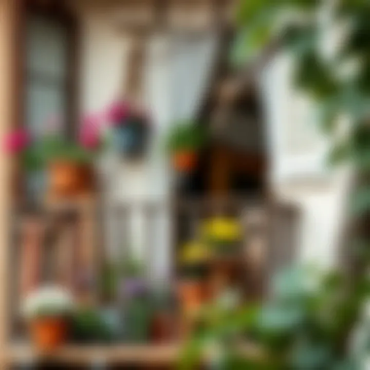 Charming rustic balcony adorned with flower pots and wooden furniture
