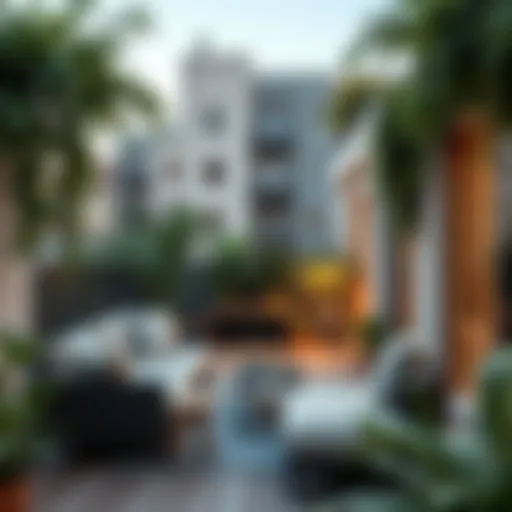 Elegant urban balcony design featuring lush greenery and cozy seating