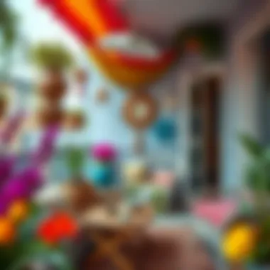 Vibrant balcony space filled with colorful textiles and artistic accessories