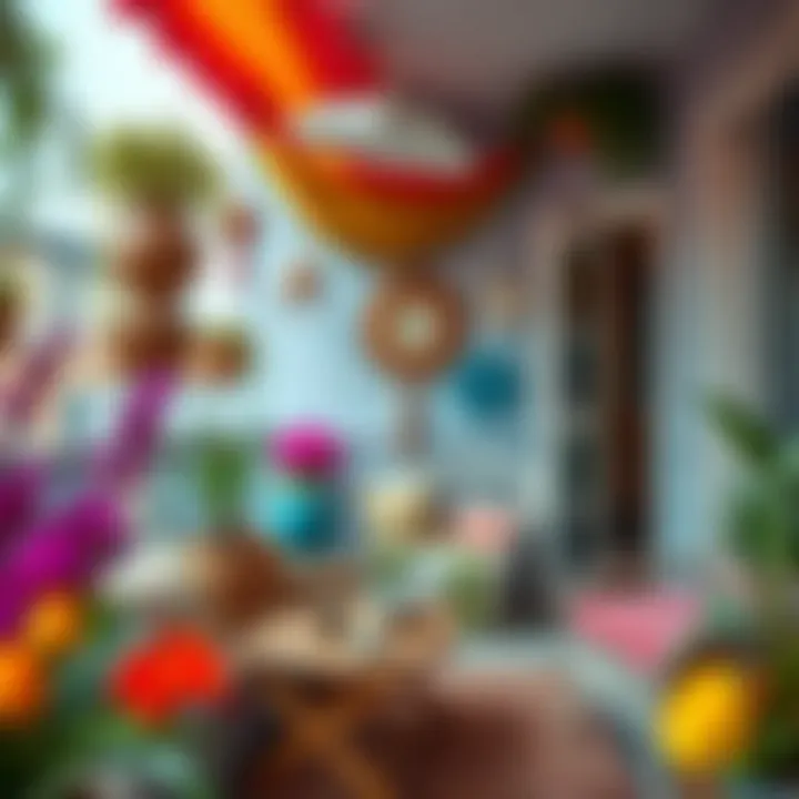 Vibrant balcony space filled with colorful textiles and artistic accessories