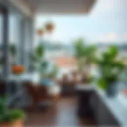 A beautifully designed balcony with plants and furniture