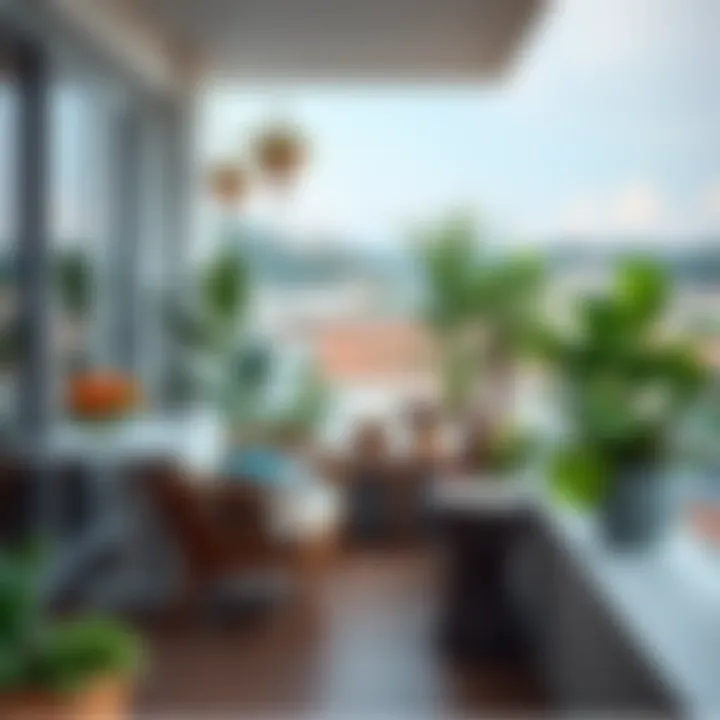 A beautifully designed balcony with plants and furniture