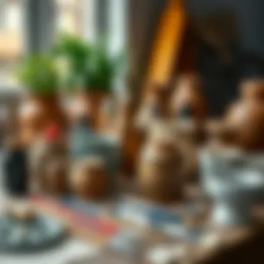 Painting tools and materials arranged on a table