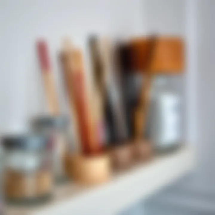 Close-up of different incense sticks placed on a bathroom shelf.