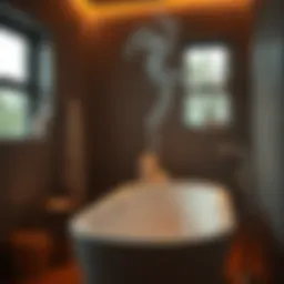 A tranquil bathroom setting with incense smoke rising elegantly.