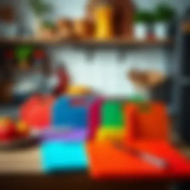 Colorful plastic cutting boards arranged in kitchen