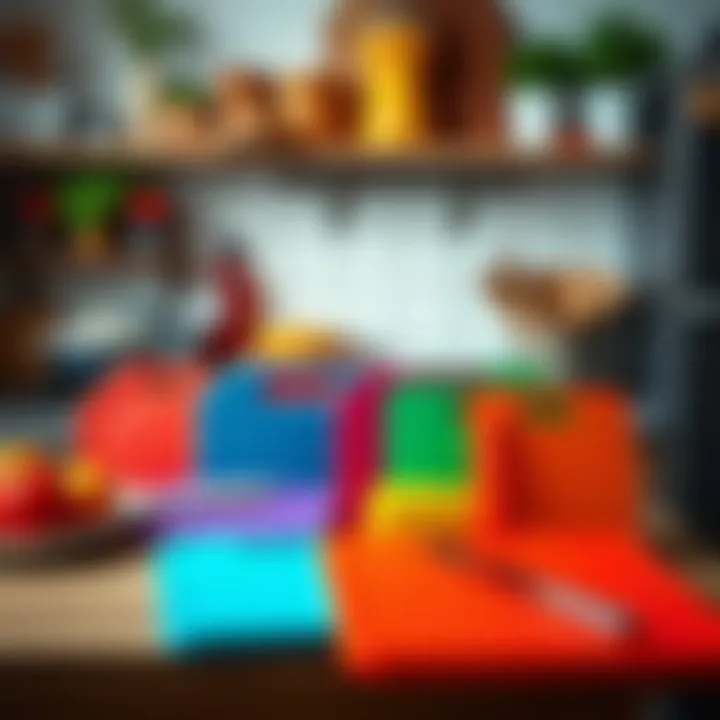 Colorful plastic cutting boards arranged in kitchen