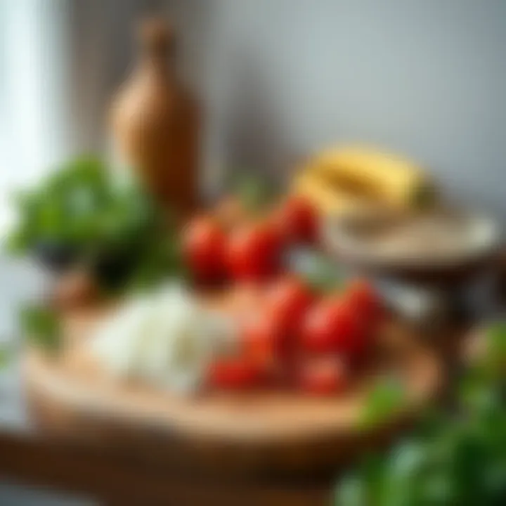 Elegant wooden cutting board with fresh ingredients