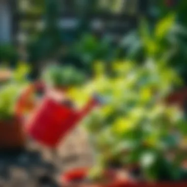Watering can nourishing plants in a garden