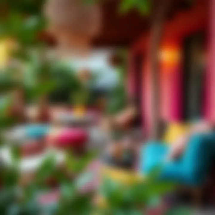 Outdoor bohemian-inspired patio with colorful furnishings