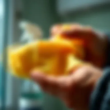 Detailed view of a glass cleaning technique.