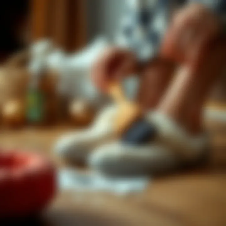 Person using a brush to clean slippers