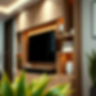 A close-up of a sleek wall-mounted TV unit showcasing unique storage solutions