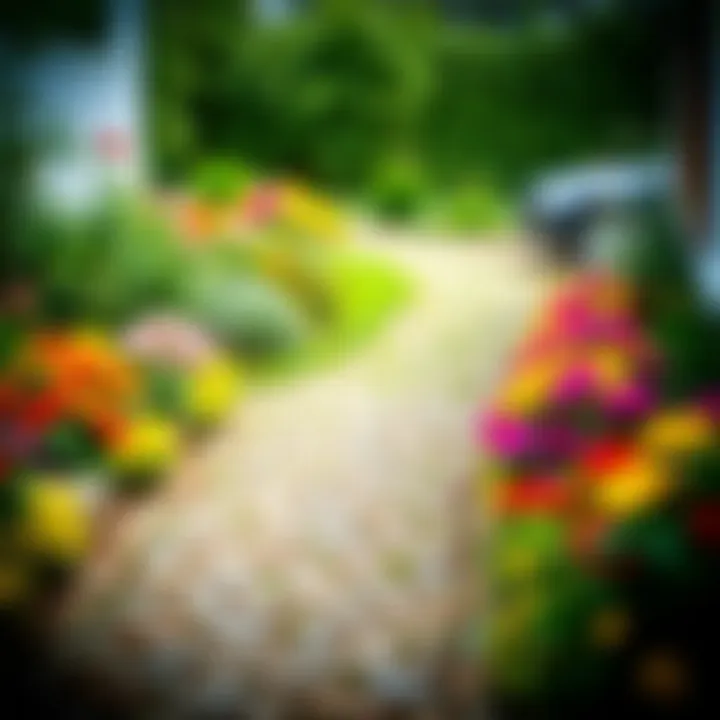A finished garden driveway surrounded by vibrant flowers and greenery