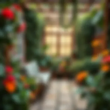 Cozy garden nook with seating area surrounded by lush plants and flowers