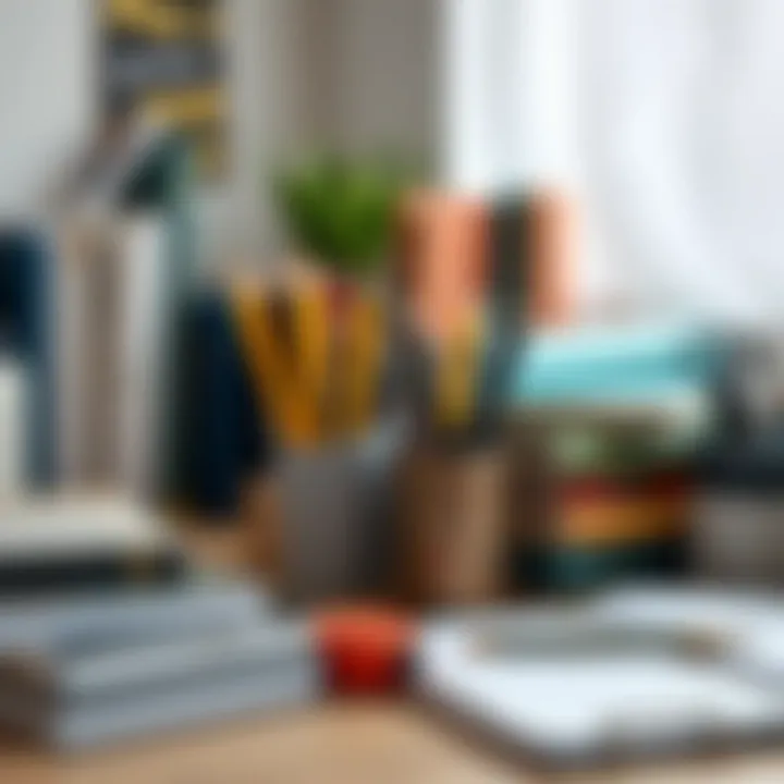 Close-up of study materials like books, notebooks, and stationery neatly arranged