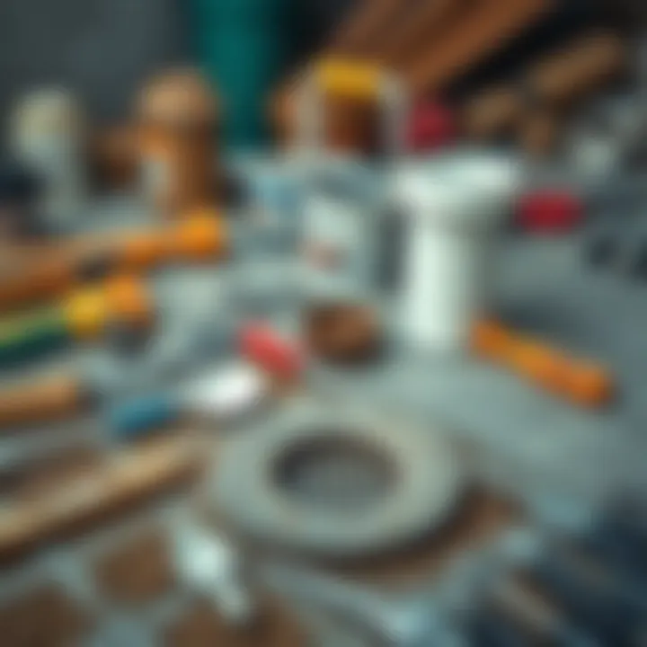 Tools and materials laid out for drain clearing