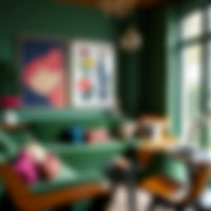 Vibrant emerald green sofa paired with colorful cushions and art pieces