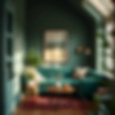 Cozy reading nook featuring an emerald green sofa and stylish decor