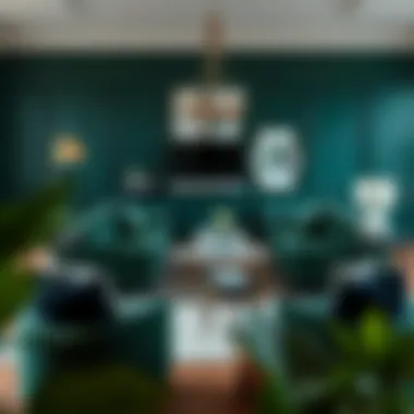 Sophisticated interior design showcasing an emerald green sofa with complementary furniture