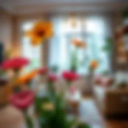 A beautifully arranged living room with vibrant indoor flowers