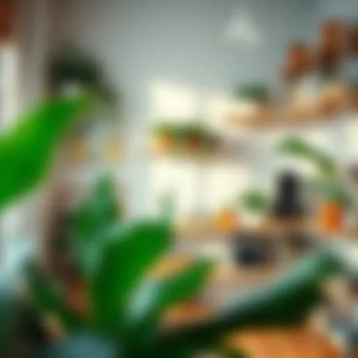 A tranquil room with organized shelves and plants