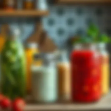 Colorful jars of fermented beverages on a kitchen counter