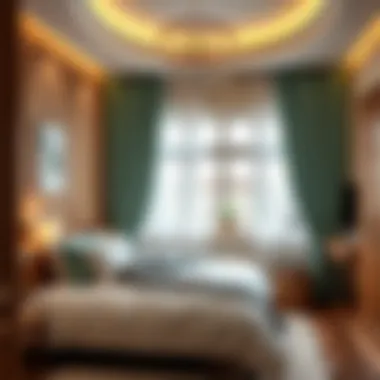 A stylish bedroom featuring a blend of refreshing hues