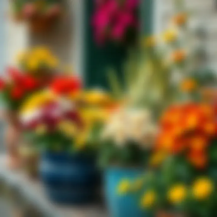 Colorful flower arrangements in garden pots