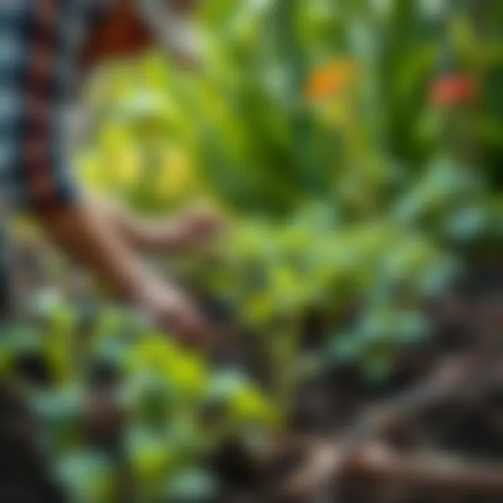 A gardener tending to young plants with care in a lush garden setting