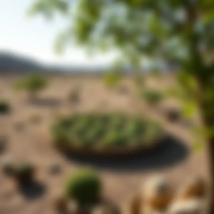 A thriving green area created in a dry landscape