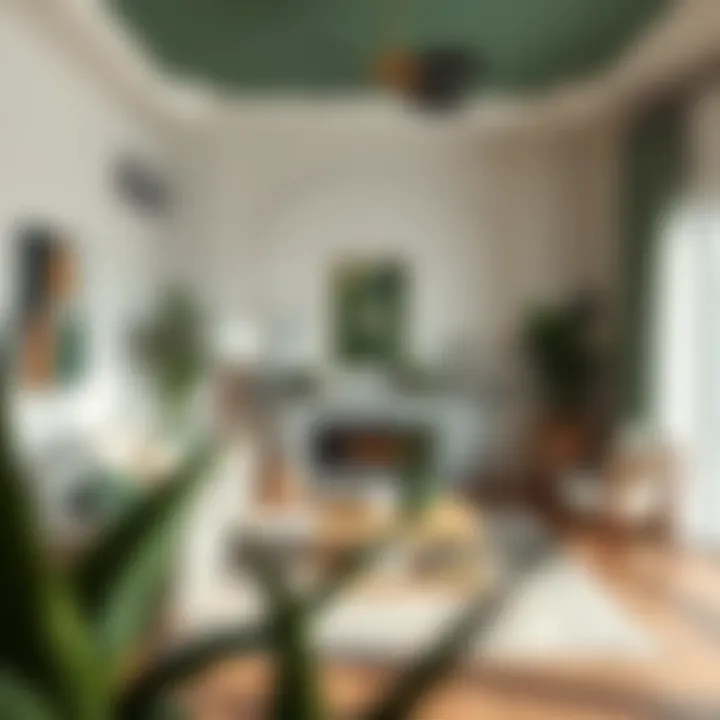 A serene living room with green accents and plants