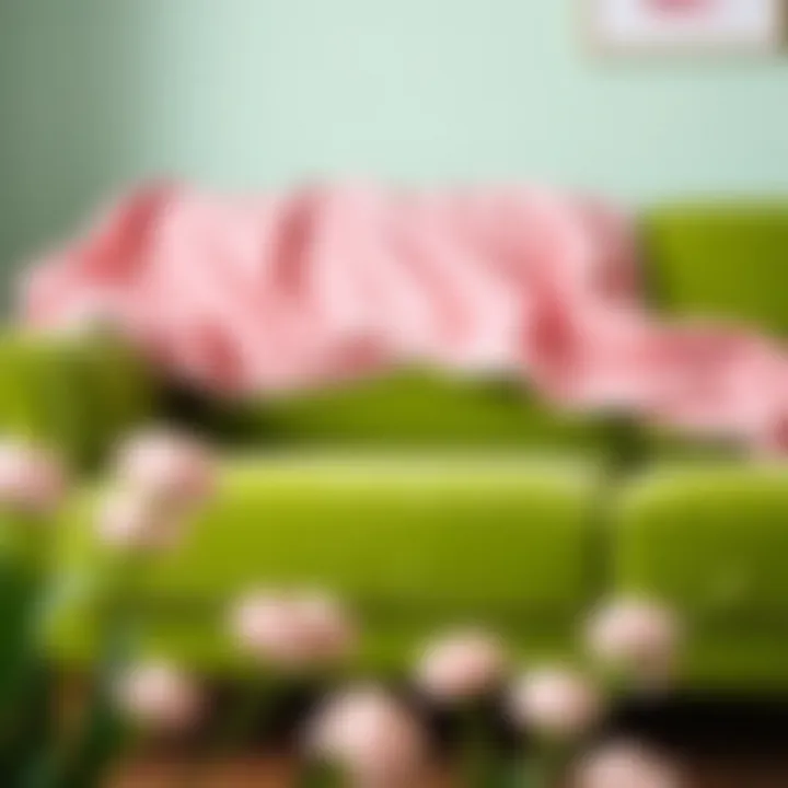 Chic green couch adorned with a pastel pink blanket