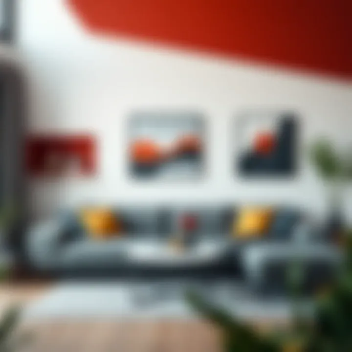 Contemporary interior showcasing grey couch complemented by bold accent wall