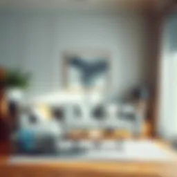 Elegant living room featuring grey sofa and wall painted in soft pastel color