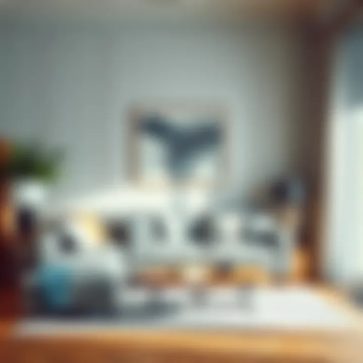 Elegant living room featuring grey sofa and wall painted in soft pastel color