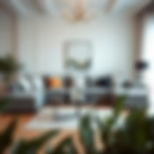 Elegant living room featuring a grey sofa with contrasting cushions