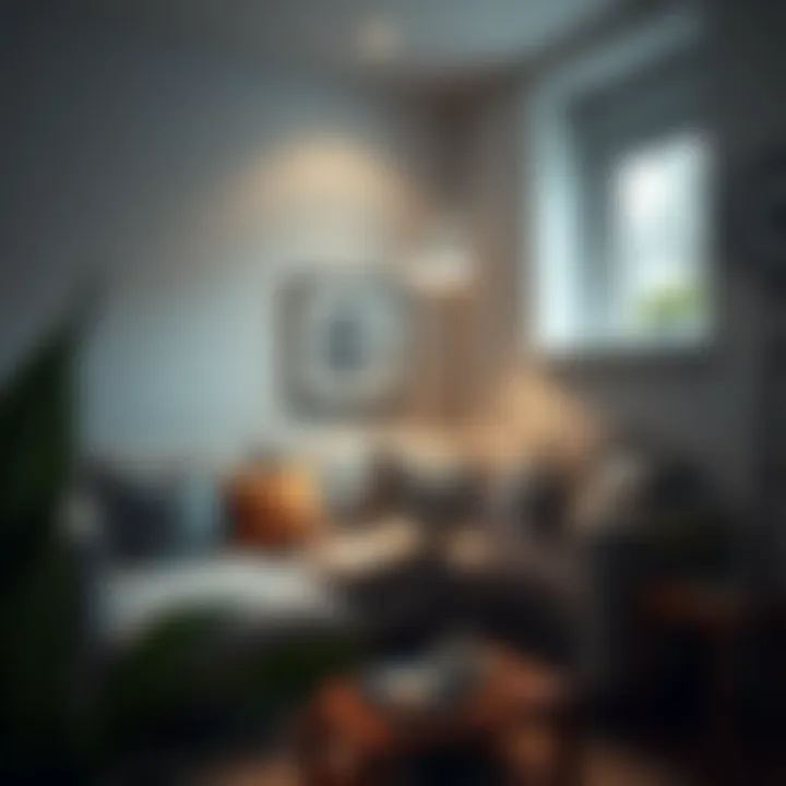 A cozy reading nook with a grey couch and warm lighting