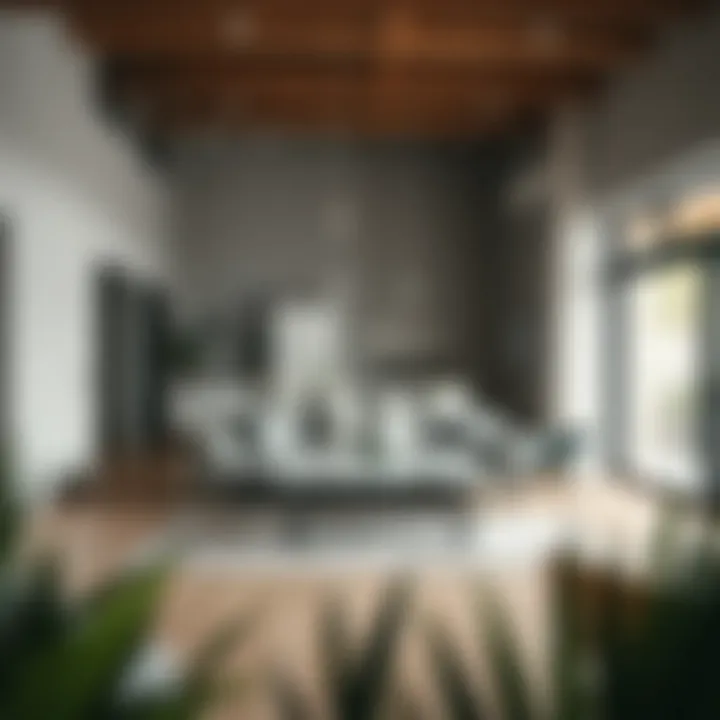 Open concept living area highlighting a grey sofa amidst neutral tones