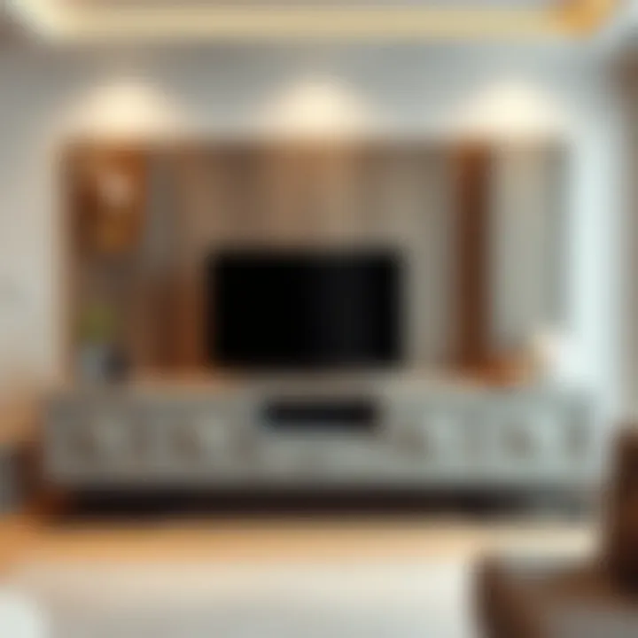 Elegant gray TV unit design with decorative elements