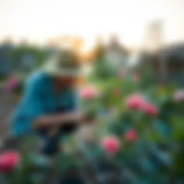 Gardener nurturing newly propagated rose plants in a serene garden setting