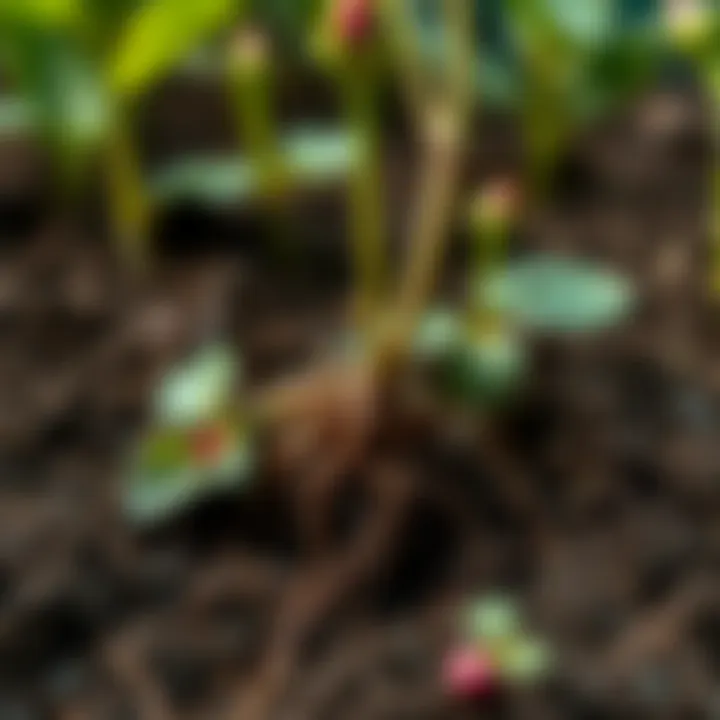 Detailed view of rose roots developing in nutrient-rich soil